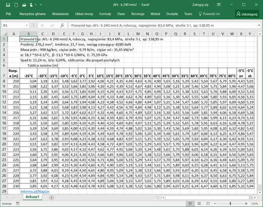 Eksport tablicy zwisów [f] do programu Excel. NapLin Eksport do programu Excel zapewnia wyższą jakość raportu (możliwość edycji, zwiększona czytelność danych)
